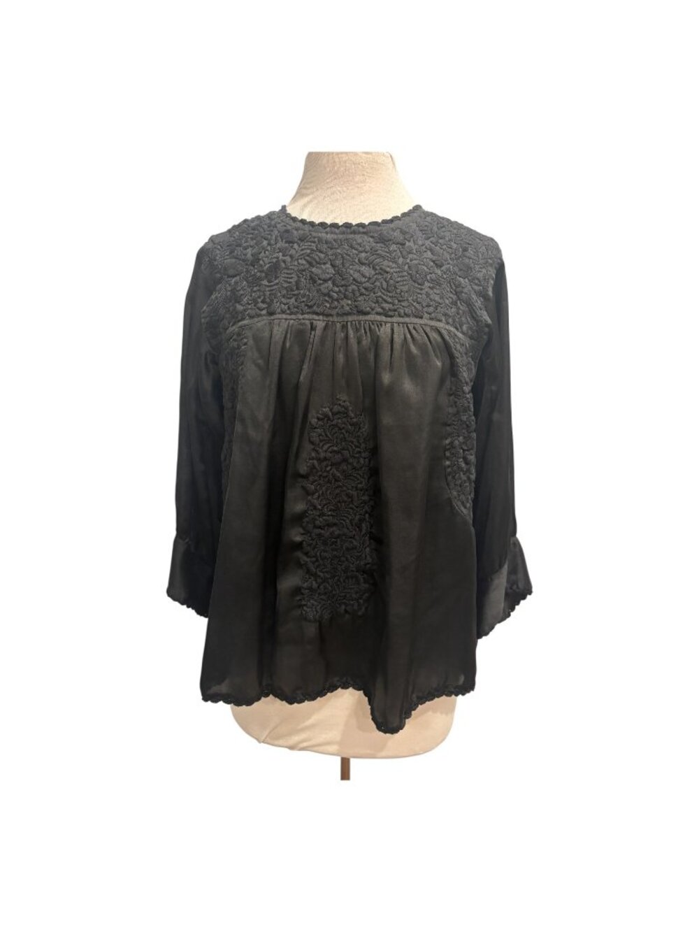 Sister Mary Black Embroidered Boho Peasant Blouse Tassel Tie Long Sleeve Size M - Picture 6 of 7